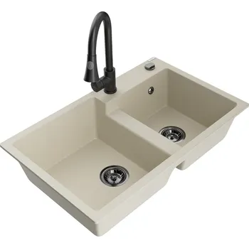 Granitový dřez MEXEN/S - Tomas granitový dřez 2-bowl včetně baterie Elia, béžová 6516-69-670101-70