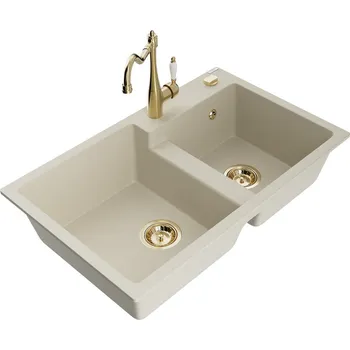Granitový dřez MEXEN/S - Tomas granitový dřez 2-bowl včetně baterie Carla, béžová 6516-69-670700-50