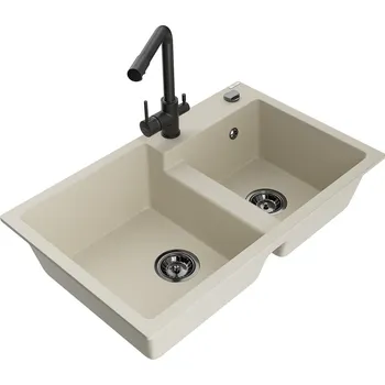 Granitový dřez MEXEN/S - Tomas granitový dřez 2-bowl včetně baterie Duero, béžová 6516-69-671600-70