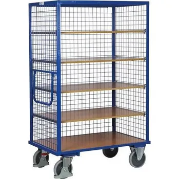 Vysoký skříňový vozík s madlem a 3 mřížovými stěnami, do 500 kg, 5 polic, 181 x 111,5 x 73 cm, modrý
