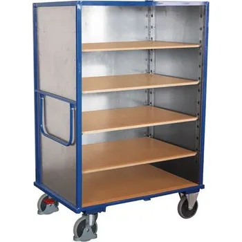 Vysoký skříňový vozík s madlem a 3 plnými stěnami, do 500 kg, 5 polic, 181 x 111,5 x 73 cm, modrý