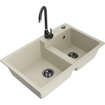 Granitový dřez MEXEN/S - Tomas granitový dřez 2-bowl včetně baterie Telma, béžová 6516-69-670200-70