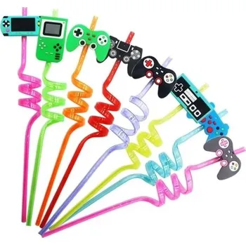 Jednorázové nádobí Dortisimo Plastová barevná brčka spirálová s herními motivy (4 ks)