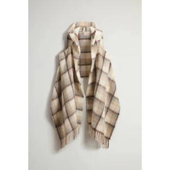 Šála ŠÁLA WOOLRICH HOODED WOOL CAPE SCARF CREAM CHECK
