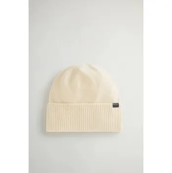 Klobouk ČEPICE WOOLRICH CASHMERE RIBBED BEANIE MILKY CREAM