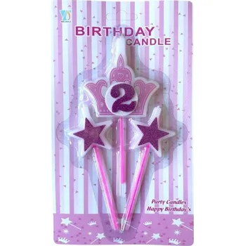 Dortová svíčka Dortisimo Svíčky koruna růžová s číslem 2 a hvězdičky růžové