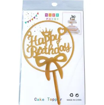 Jedlá dekorace na dort Dortisimo Zápich do dortu zlatý Happy Birthday v kruhu s mašlí