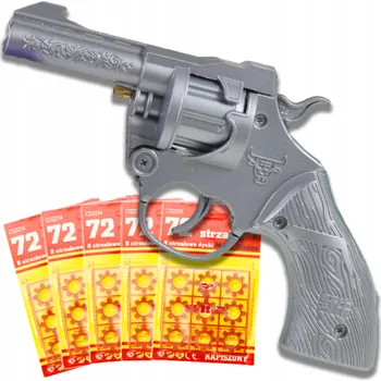 Obraz REVOLVEROVÁ PISTOLE KOVOVÁ NA SPALOVAČKU 5x72ks SLEPÉ NÁBOJE DÁREK PRO DĚTI