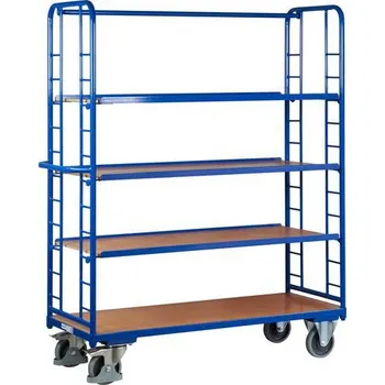 Vysoký policový vozík s madlem a šikmými policemi, 4 police, 181,5 x 151 x 55 cm, modrý