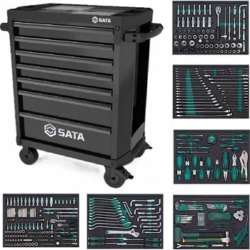 Dílenský vozík SATA černý, 7 zásuvek, s vybavením 368 dílů