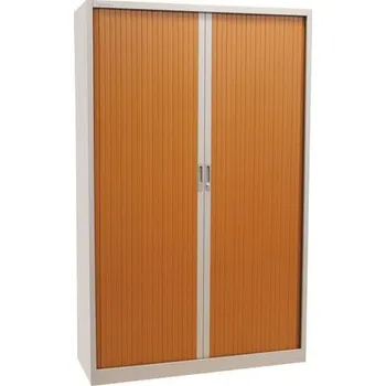 Kovová spisová skříň s roletou Manutan Expert, 4 police, 195 x 120 x 45 cm, šedá/třešeň