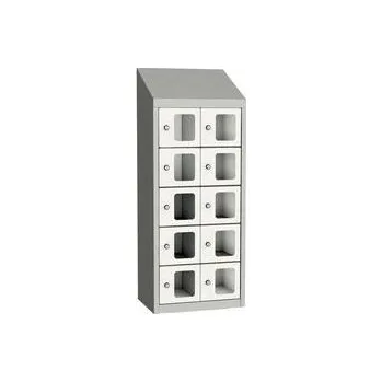 Svařovaná skříň na osobní věci Olaf s průhlednými dvířky, 10 boxů, cylindrický zámek, šedá/bílá