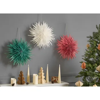 Vánoční dekorace Sada 3 závěsných vánočních ozdob barevná papírová 3D vánoční hvězdy s LED světýlky Beliani