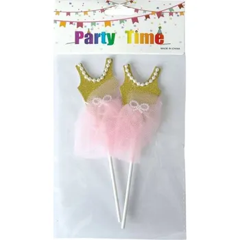 Jedlá dekorace na dort Dortisimo Zápich do dortu Baletní šaty na ramínka zlaté s růžovou sukní (2 ks)