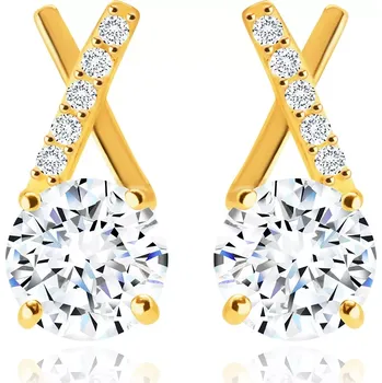 Náušnice Náušnice ve žlutém 14K zlatě - dvě překřížené linie, velký lesklý kulatý zirkon, puzetky