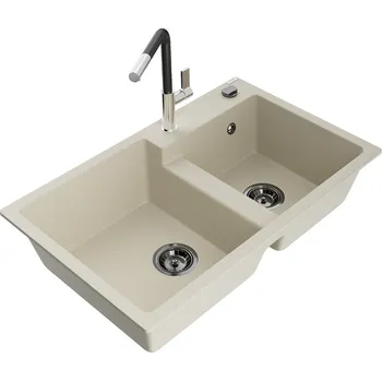Granitový dřez MEXEN/S - Tomas granitový dřez 2-bowl včetně baterie Flora, béžová 6516-69-670401-07-B