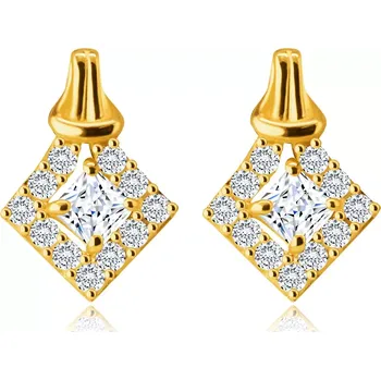 Náušnice Zlaté 14K náušnice - zirkon zasazený v linii kosočtverce vykládaného čirými zirkony, smyčka, puzetky