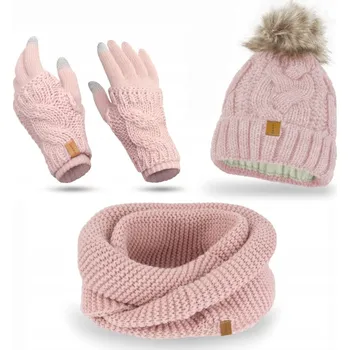 Čepice NANDY Dámská zimní souprava Čepice Nákrčník Rukavice Teplá sada na zimu růžová