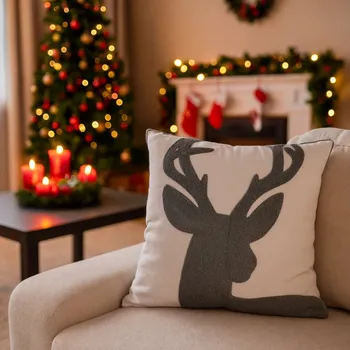 Povlak na polštář s vyšívaným vzorem 45x45 šedý jelen na bílé
