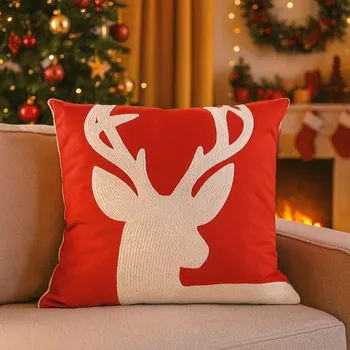 Povlak na polštář s vyšívaným vzorem 45x45 bílý jelen na červené