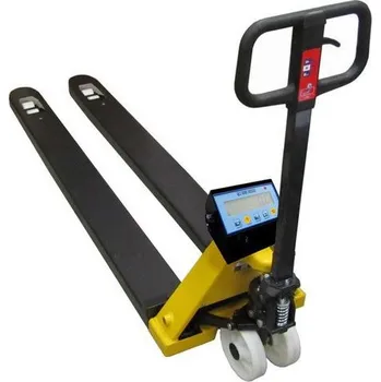 Stavebniny Paletový vozík s dlouhými vidlicemi a váhou, do 2000 kg, nylonová řídicí kola, s kalibračním listem