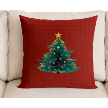 Povlak na dekorativní polštářek Dekorační sametový povlak na polštář vánoční 40x40 cm červený kostkovaný se stromkem