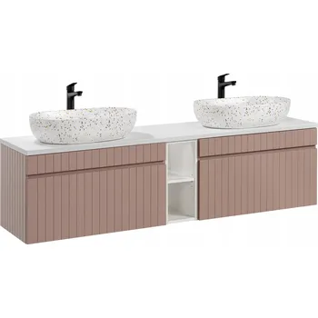 Koupelnový nábytek Závěsná Koupelnová Skříňka pro 2 Umyvadla + Sloupek Šuplík Police Růžová 180 cm