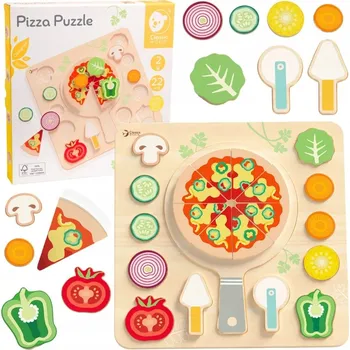 Dřevěná hračka DŘEVĚNÁ PIZZA K KRÁJENÍ STAVEBNICE PUZZLE VZDĚLÁVACÍ KUCHYŇKA CLASSIC WORLD