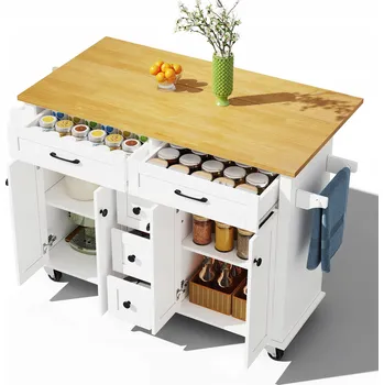 Servírovací stolek Kuchyňský vozík se sklopnou deskou, Servírovací vozík se skříňkou, Bílý