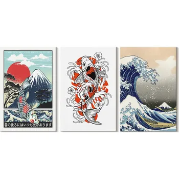 Obraz Sada obrazů na plátně Hory Ryby Velká vlna Japonsko 3x 20x30 cm