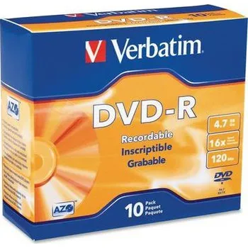 Optické médium Verbatim DVD-R 4,7 GB 16x, AZO, slim box, 10 ks