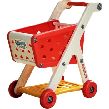 Dřevěná hračka Dětský nákupní vozík 48 x 42 x 28 cm Plastový vozík s modrým nebo červeným košíkem a 26 ks potravin Hra na obchod s bohatou výbavou červená
