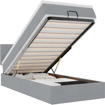 Postel Otomanová rám postele s matrací a topperem, světle šedá, 193 x 90 x 78/88 cm