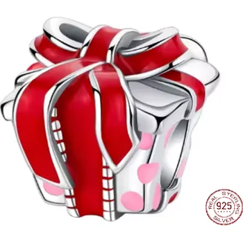 Přívěsek Charm Sterlingové stříbro 925 Dárek s červenou stuhou, symbol radosti a lásky, korálek na náramek vánoce