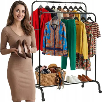 Věšák Věšák na oblečení na kolečkách, stojan se 2 tyčemi, mobilní šatna, regál s policí