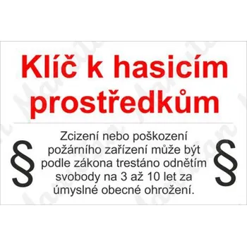 Klíč k požárním zařízením, plast 150 x 100 x 0,5 mm