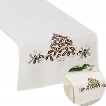 ubrus Bílý vánoční běhoun na stůl s výšivkou stromku a červenými perličkami 40x140 cm