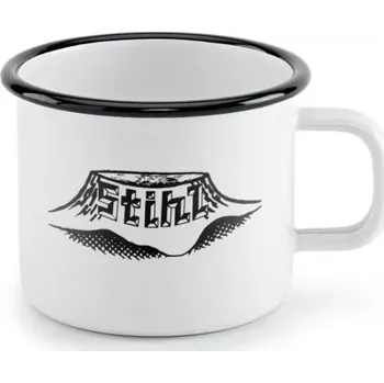 Smaltovaný hrnek STIHL (04642570020) (Populární smaltovaný hrnek na nápoje, v bílém provedení, s černým okrajem, historické logo STIHL, rozměry: průměr cca 10 cm, výška cca 9 cm.)