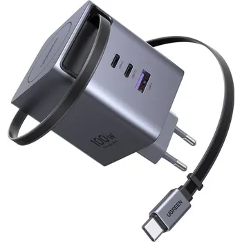 UGREEN GaN, 3×USB-C, USB, 100W, se zatahovacím kabelem (65828) šedá