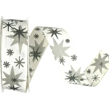 Stuha Stuha vánoční AURORA STARS SILVER bílá 25mm x 3m (12,-Kč/m) (Vánoční stuha bavlněná, bílá, oboustranný potisk, glitrový efekt, s drátkem v lemu)