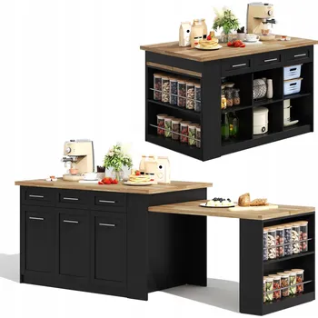 Jídelní stůl Kuchyňský ostrůvek, rozkládací jídelní stůl kredenc, Černá barva s kresbou dřeva