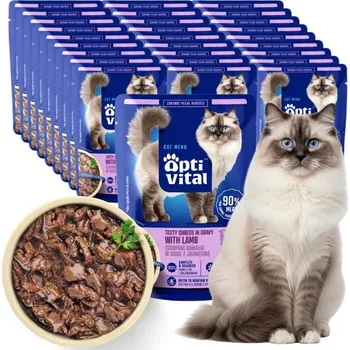 Krmivo pro kočku MOKRÉ KRMIVO PRO KOČKY OPTIVITAL TRHANÉ KOUSKY S JEHNĚČÍM MASEM V OMÁČCE 28X85 G