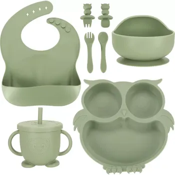 dětská jídelní sada Dětské silikonové nádobí 8 ks Sova zelené