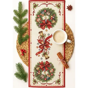 Stolování Vánoční běhoun červený gobelínový věnec 42x140 mašle