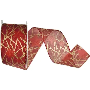 Stuha Stuha vánoční LUMINOUS STARTRAIL RUBY GOLD červená 40mm x 3m (12,-Kč/m) (Vánoční stuha organzová, červená, oboustranný potisk, jemný glitrový efekt, s vlascem v lemu)