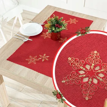 ubrus Červený vánoční ubrus s výšivkou zlatou nití 85x85 Sněhové Vločky