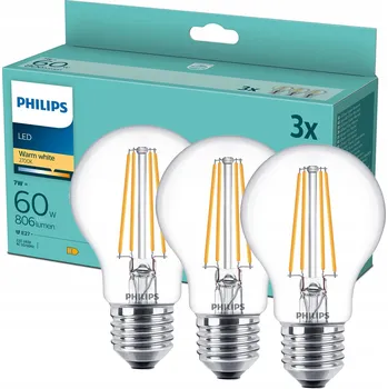 Žárovka 3x LED žárovka E27 A60 7W = 60W 806lm 2700K teplá filamentová PHILIPS