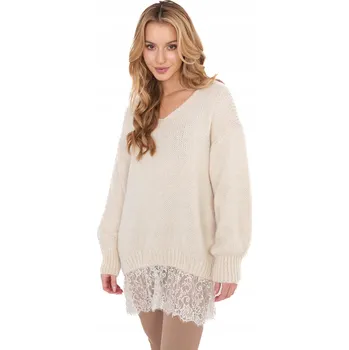 Dámský svetr Dámský svetr elegantní dlouhý s výstřihem do V a krajkovým lemem