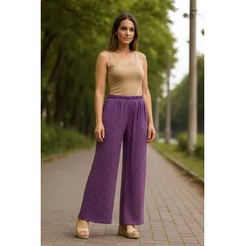 Dámské kalhoty NOVINKA- Volné kalhoty s károvaným vzorem - fialové