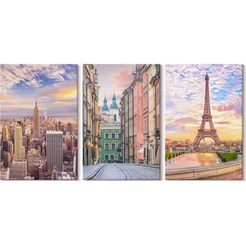 Obraz Sada obrazů do ložnice – města New York, Paříž – soumrak, 3x 20x30 cm